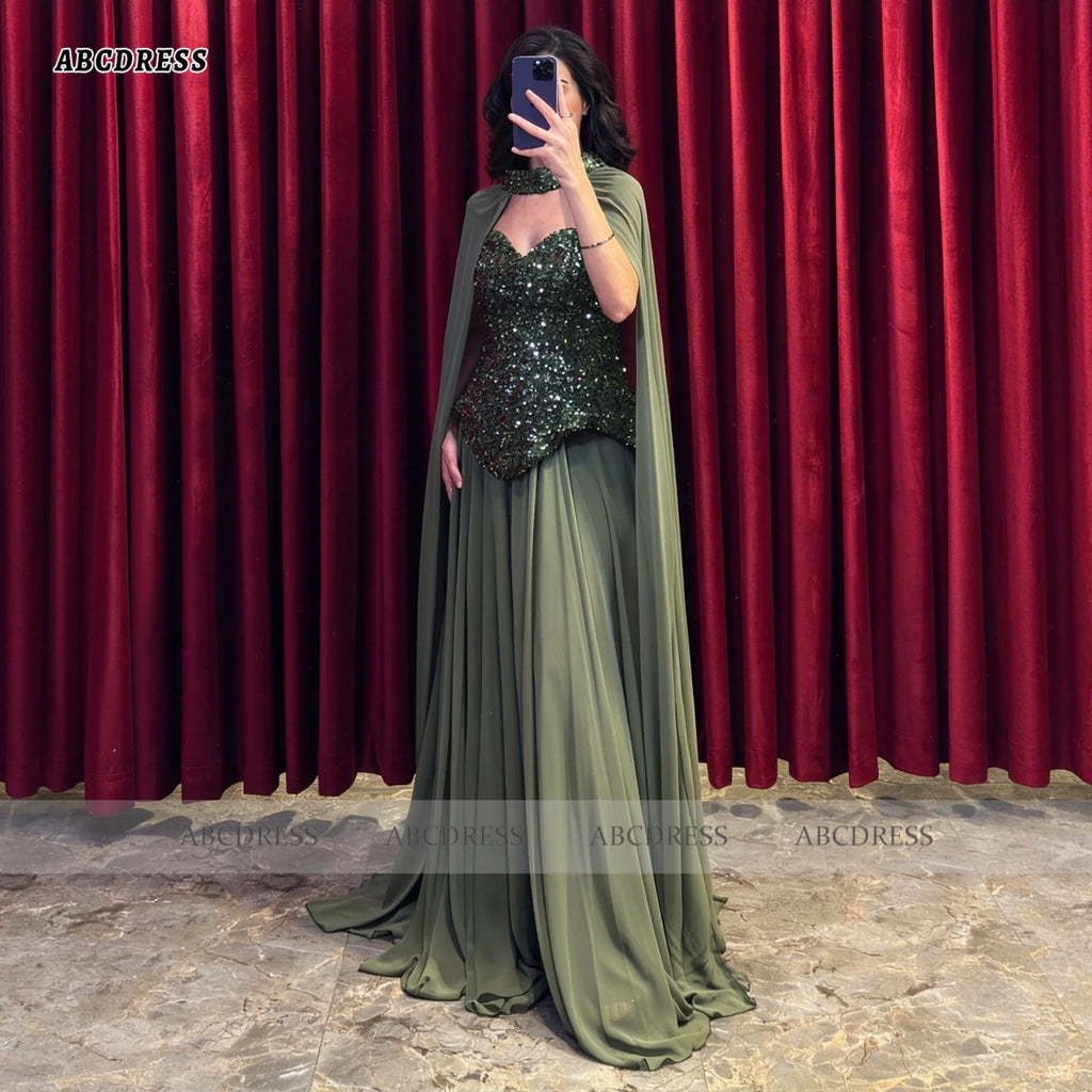 ABC Customized Luxury Olive Green Halter Neck Evening Dress robes de soirée Sequin Sweetheart Cape Sleeve A Line Formal Gown