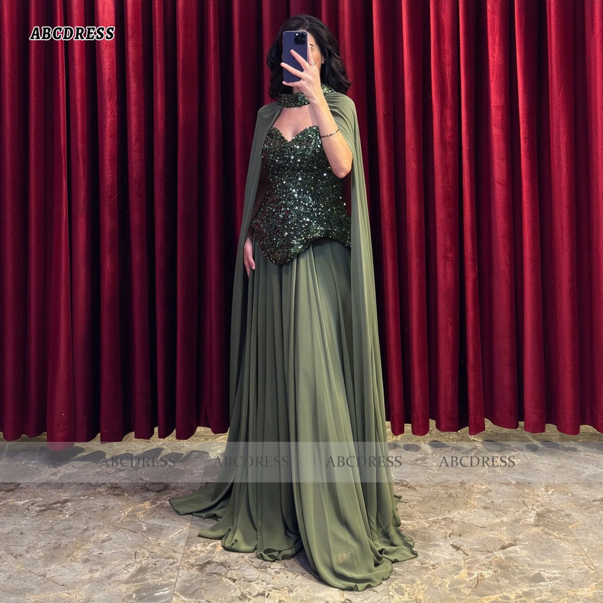 ABC Customized Luxury Olive Green Halter Neck Evening Dress robes de soirée Sequin Sweetheart Cape Sleeve A Line Formal Gown