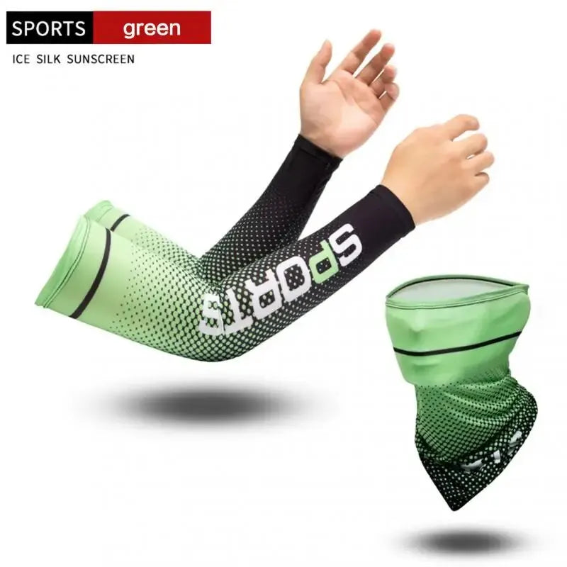 2Pcs Set UV Protection Long Sleeve with Full Face Mask Outdoor Sport Cycling Ice Silk Breathable Neck Protector Arm Cover