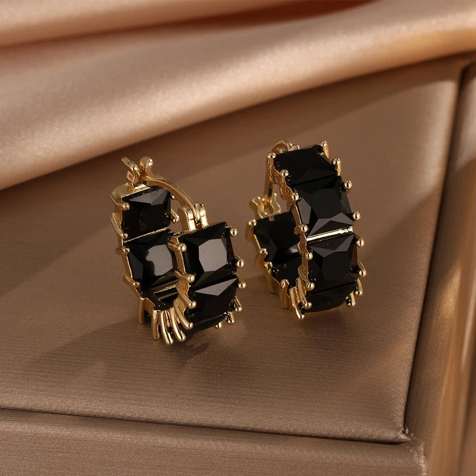 ZAKOL Vintage Black Square Crystal Hoop Earrings for Women Shiny Exquisite Zircon Round Earrings Wedding Party Jewelry