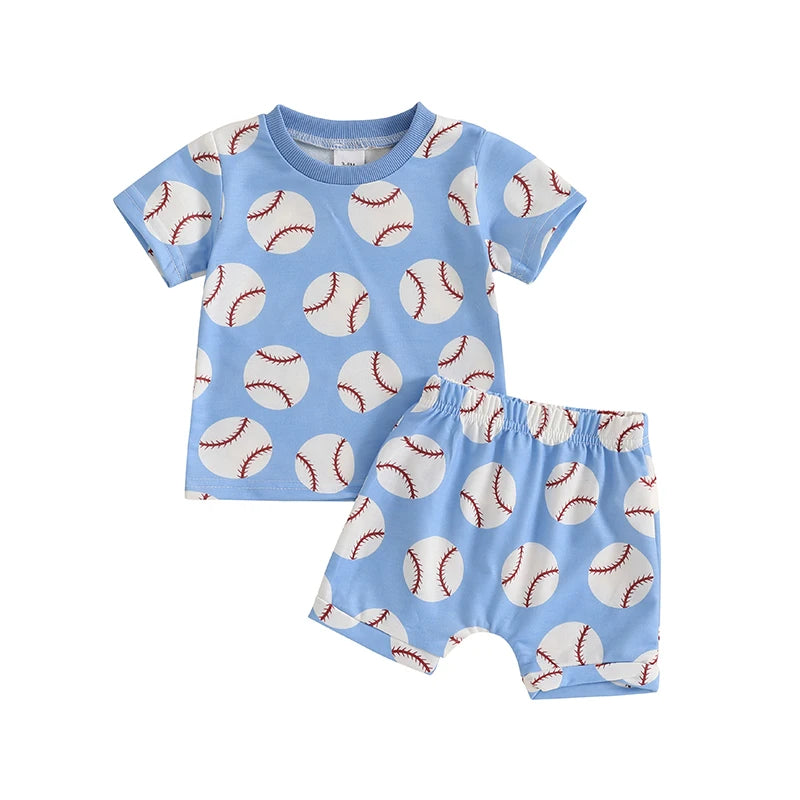Toddler Baby Boy Shorts Set Baseball Print Short Sleeve T-shirt Elastic Waist Shorts Summer Outfit