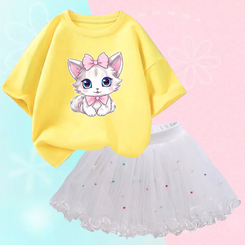 Summer Little Girls Clothing Cute Cat T Shirt& mesh Tutu Skirt Two Piece Set Fashion Korean Children Clothes Outfits 3-14years