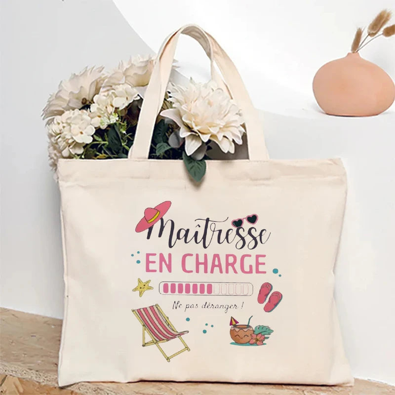Maîtresse EN CHARGE Tote Bag Women Tropical Vacation Handbag Shoulder Bag for Travel Shopping Unique Graduation Gift for Teacher