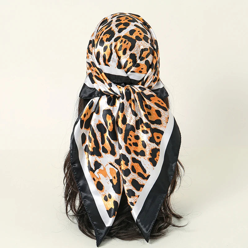 Leopard Square Silk Scarf Women Luxury Brand Satin Print Hijab Scarves Pareo Bandana Female Shawl Wrap Headband Foulard 90*90cm