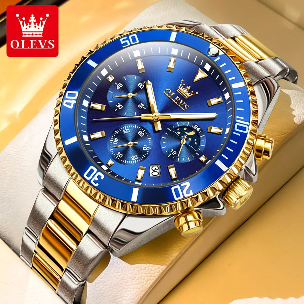 OLEVS 2870 Men's Watches Golden Stainless Steel Calendar Moon phase Chronograph 42.5mm Big Dial Men's Wristwatches Original