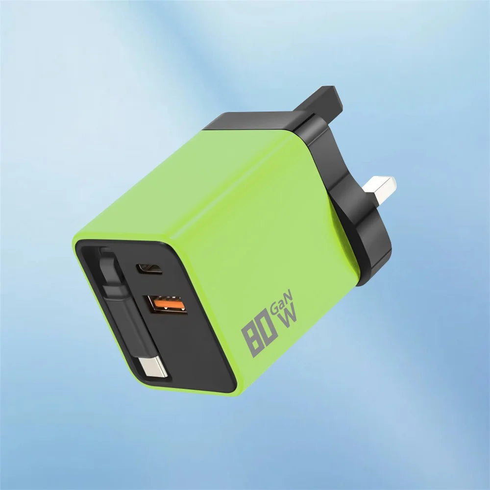 80W GaN USB Type C Charger Fast Charging With Built-in PD Cable USB C Quick Charger EU/US/UK Plug For iPhone 17 16 Xiaomi Huawei