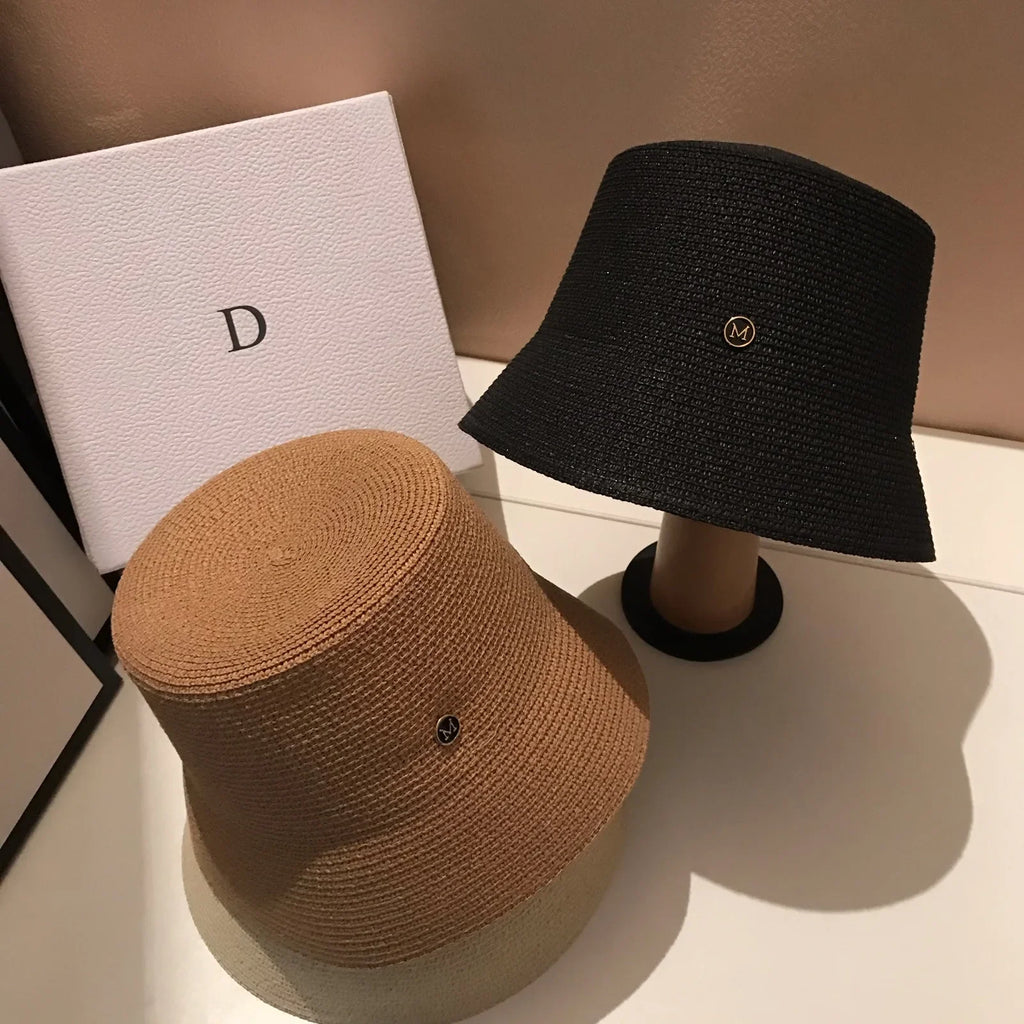 Japanese Designer M Straw Weaving Hat Summer Casual Travel Sunscreen Slim-face Sun Hat Women Luxury Simple Bucket Hats Panama