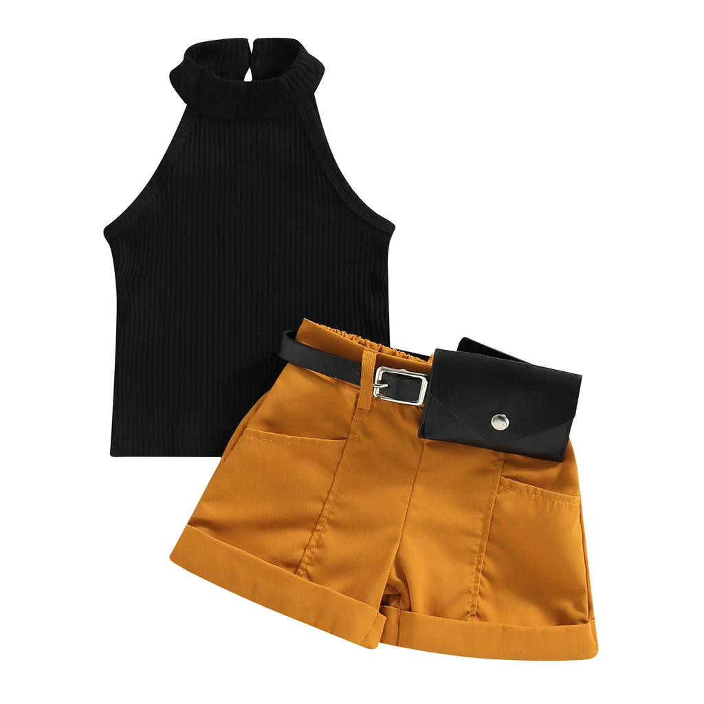 Little Girl Three-Piece Outfits Solid Color Sleeveless Ribbed Stand-Up Collar Tops + Belted Short Pants + Small Waist Pack 6M-4T