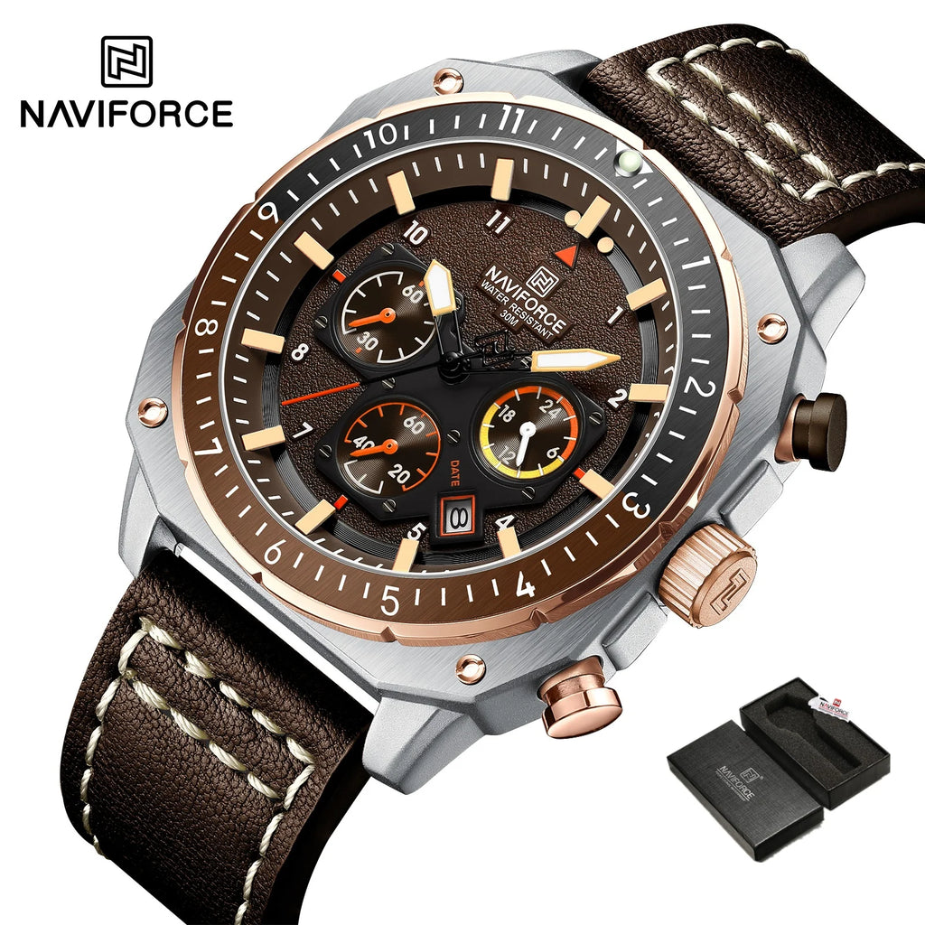 NAVIFORCE Sports Multifunction Waterproof Watches for Men Fashion Leather Luxury Brand Quartz Analog Luminous Square Wrist Watch