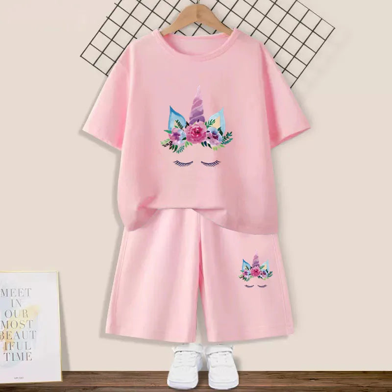 Girls Happy Cat Printed 2PC Outfit Set Summer Fashion Short Sleeve T-Shirt And Shorts Combo Cute Kids Clothing