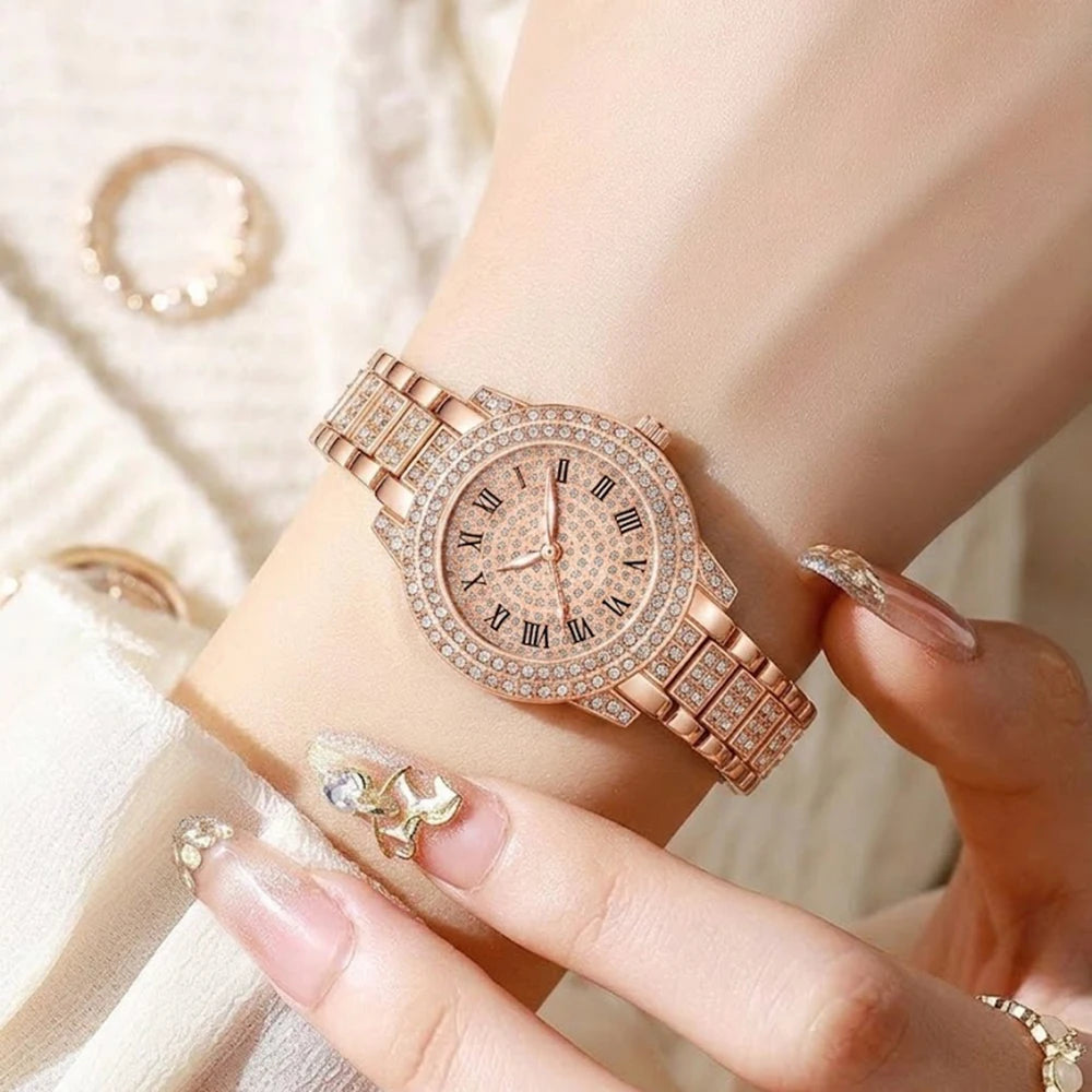 5Pcs/Set Unisex Jewelry Watches Women's Wristwatch Accessories Rose Gold Fashion Business Elegant Classic Exquisite Vintage Light Luxury Rhinestone Luxury Bracelet Watch Set Y2K Suitable for Travel, Vacation, Parties, Daily O