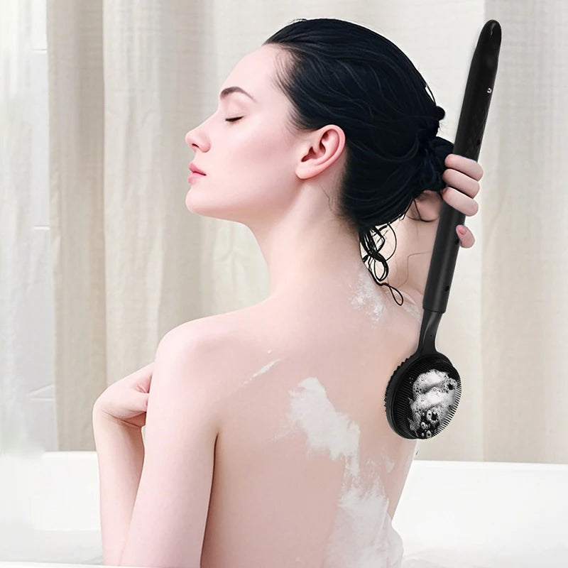Silicone Scrubber Long Handle Exfoliating Shower Brush Double Sided Back Cleaning Dirt Remover Massage Bathing Body Skin Care