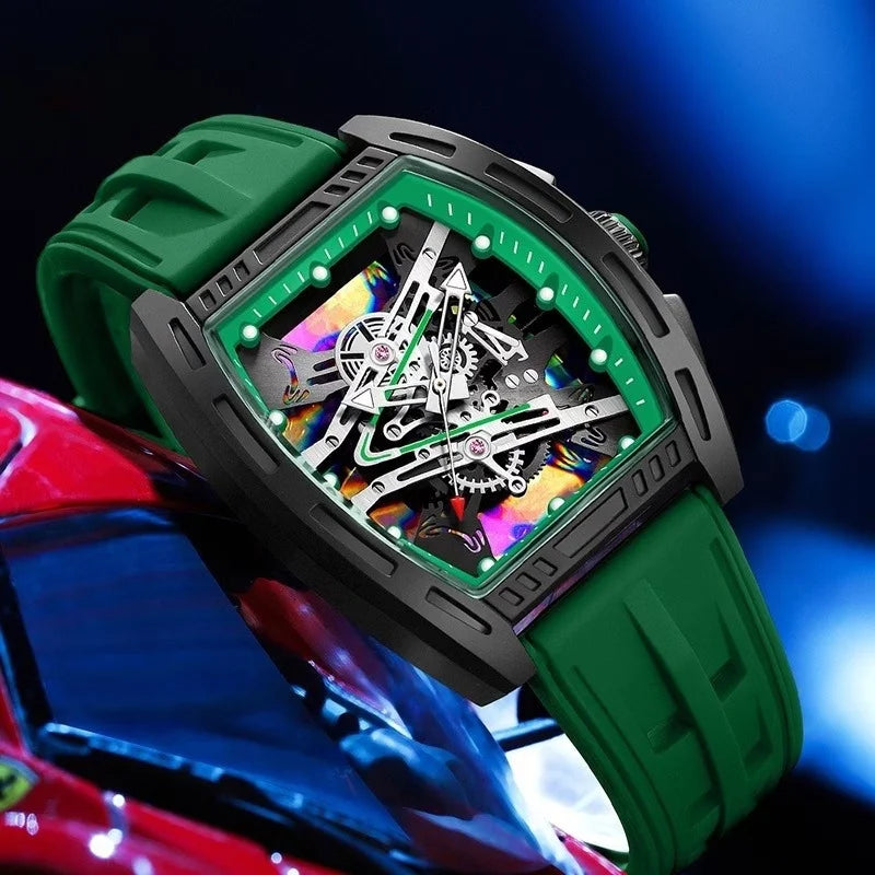 Fashion Tonneau Skeleton Dial Men Quartz Watch Casual Silicone Strap Analog Sport Wristwatches Relogio Masculino（Without Box）