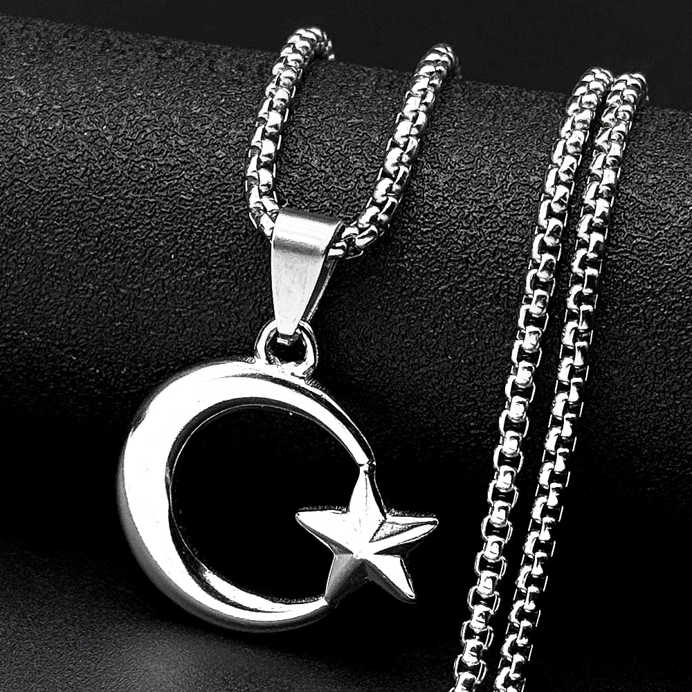 Muslim Islam Crescent Moon Star Stainless Steel Chain Necklaces for Women Men Gold Plated Pendant Necklace Amulet Jewelry Gift