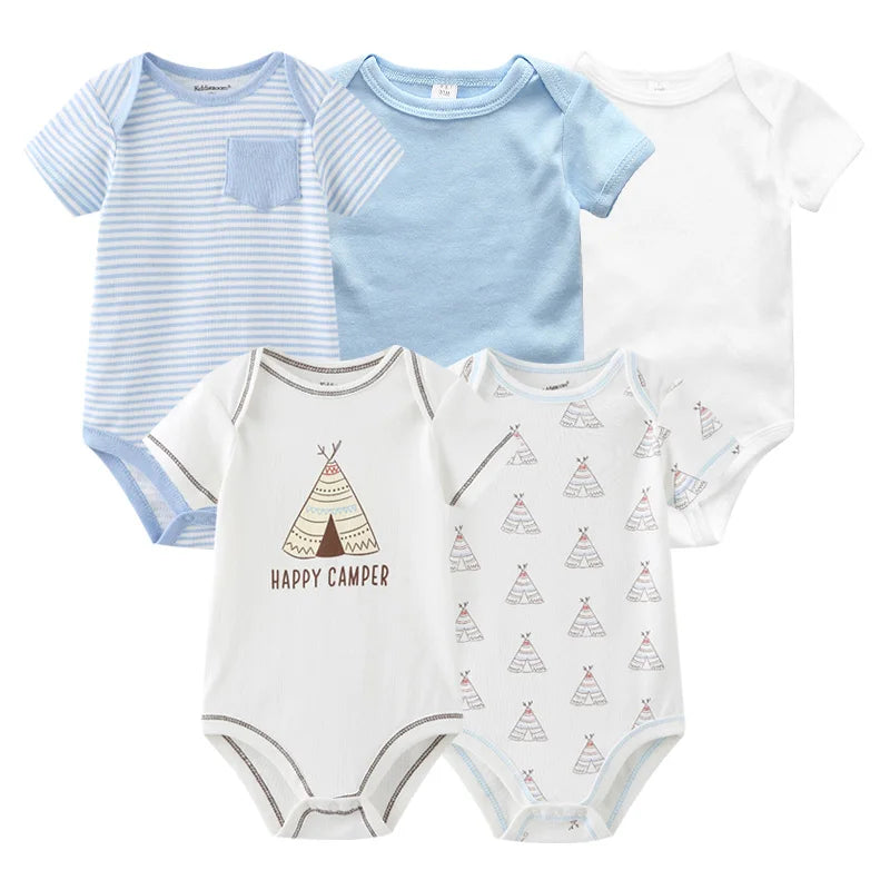 Newborn Bodysuits Unisex 5Pieces Baby Girl Clothes Solid Color Cotton Baby Boy Clothes Set Cartoon Print Summer Bebes
