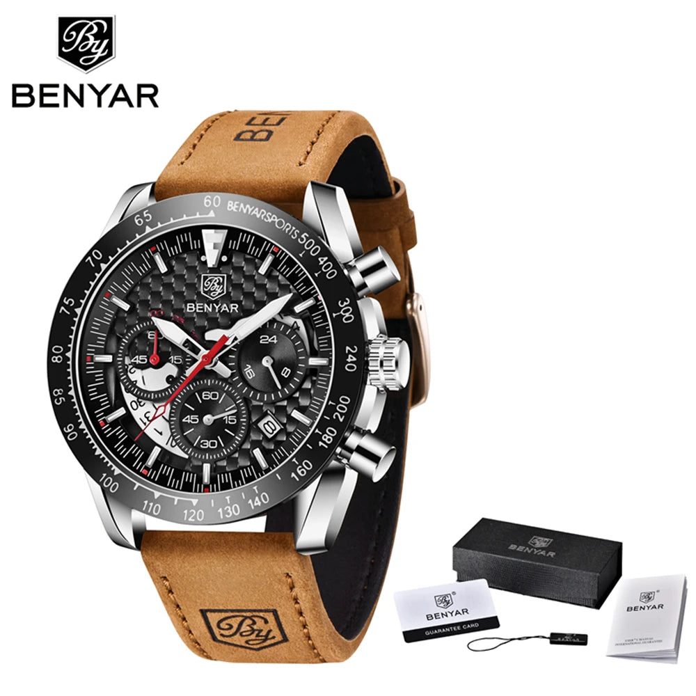 BENYAR Top Brand New Men Watches Leather Strap Luxury Waterproof Sport Quartz Chronograph Military Watch Men Clock Reloj Hombre