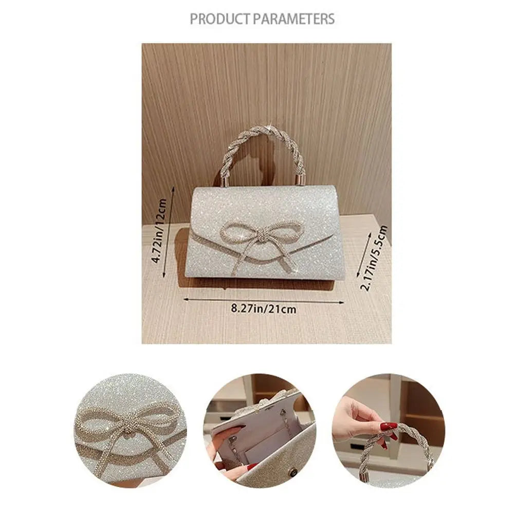 Fashion Rhinestone Bowknot Evening Bag Glitter Gold Silver Bow Chain Bag Clutch Bag for Women Female
