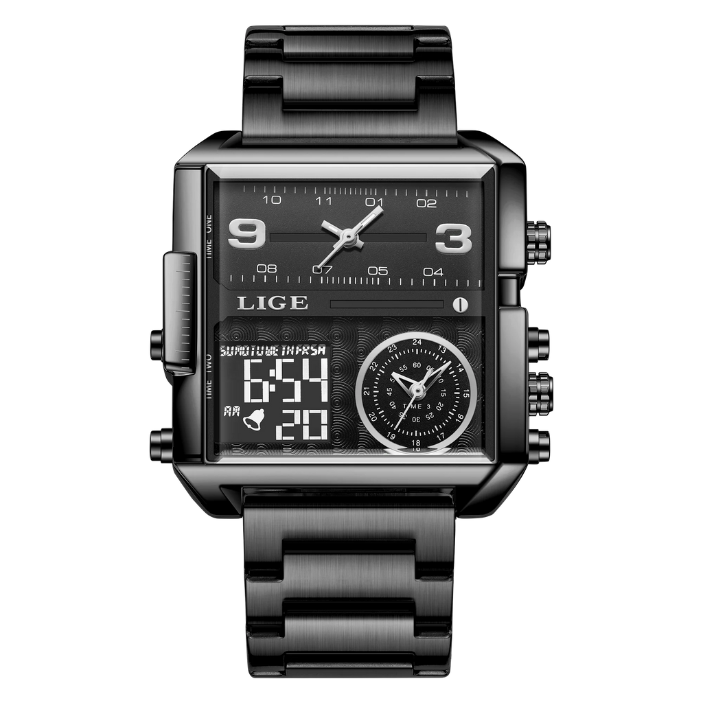LIGE New Top Brand Luxury Fashion Men Watches Gold Steel Sports Square Digital Analog Big Quartz Watch for Man relogio masculino
