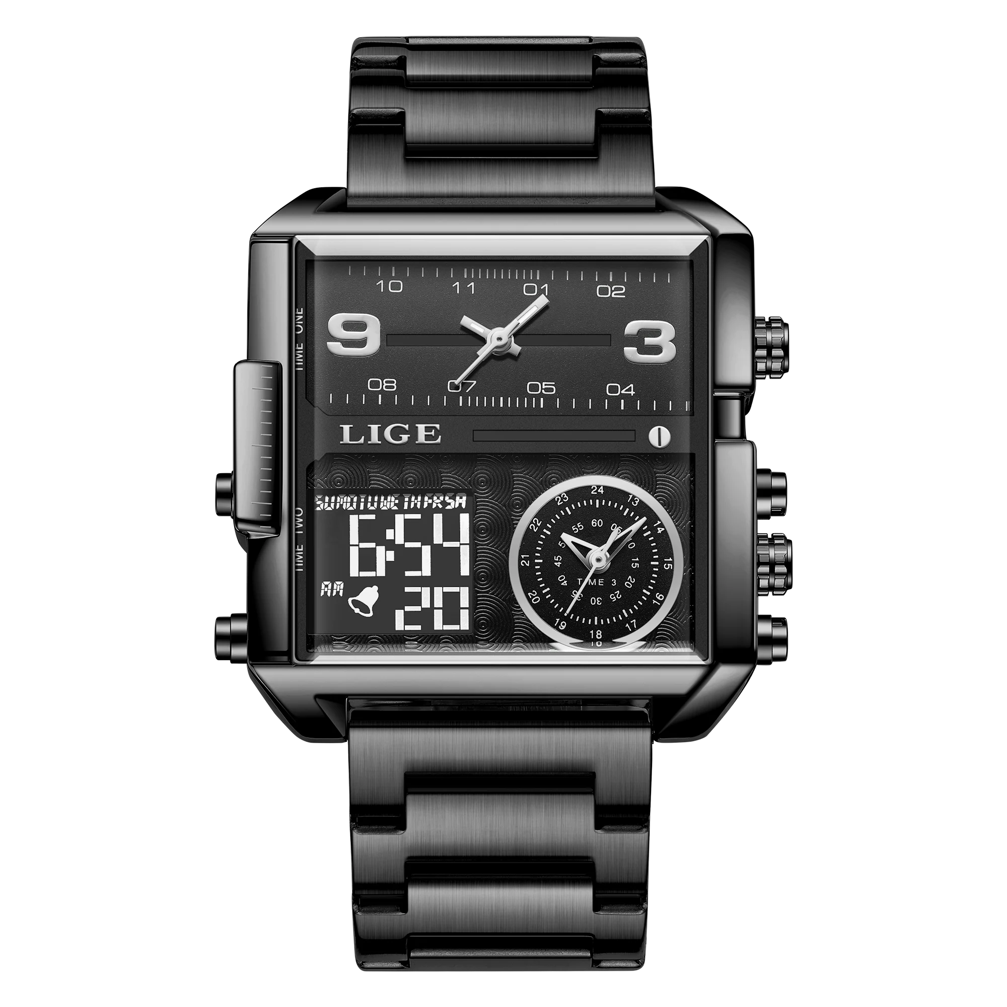 LIGE New Top Brand Luxury Fashion Men Watches Gold Steel Sports Square Digital Analog Big Quartz Watch for Man relogio masculino