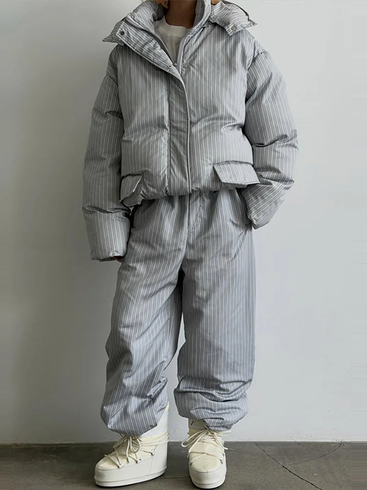 Fashion Women's Stripe Cotton Padded Coat Pant Set Loose Full Sleeve Hooded Zipper Jacket Elastic Waist Pants 2026 Winter Suits