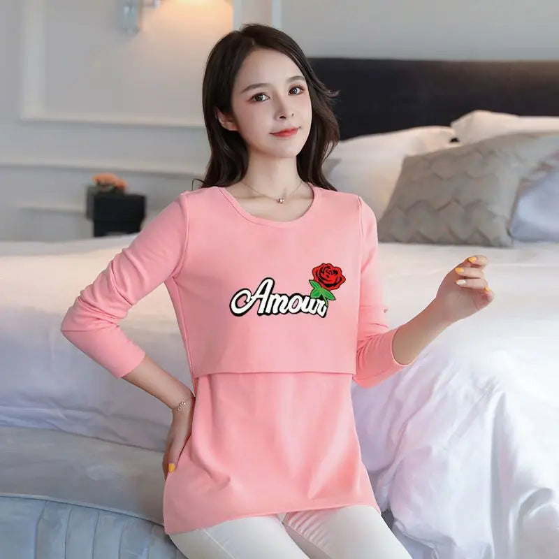 2025 Autumn Long Sleeve O-neck Postpartum Women Nursing T-shirt Maternity Breastfeeding Top Pregnancy Lactation Tees 7 Colors