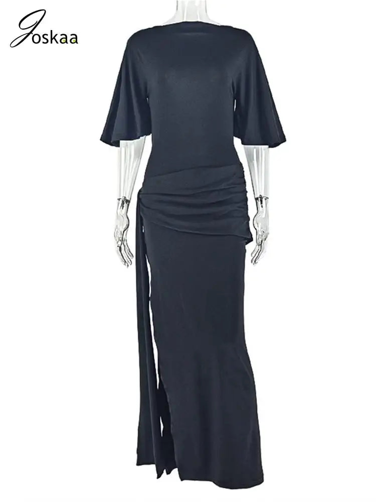 Joskaa Elegant O-Neck Half Sleeve Backless Ruched Slit Bodycon Maxi Dress for Woman 2025 Fall Birthday Evening Vacation Clubwear