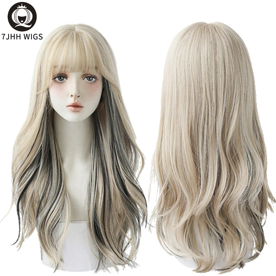 7JHH WIGS Long Wavy Curly Black Blonde Wig for Women Natural Highlight Synthetic Blend Wigs with Bangs Heat Resistant Hair Wig