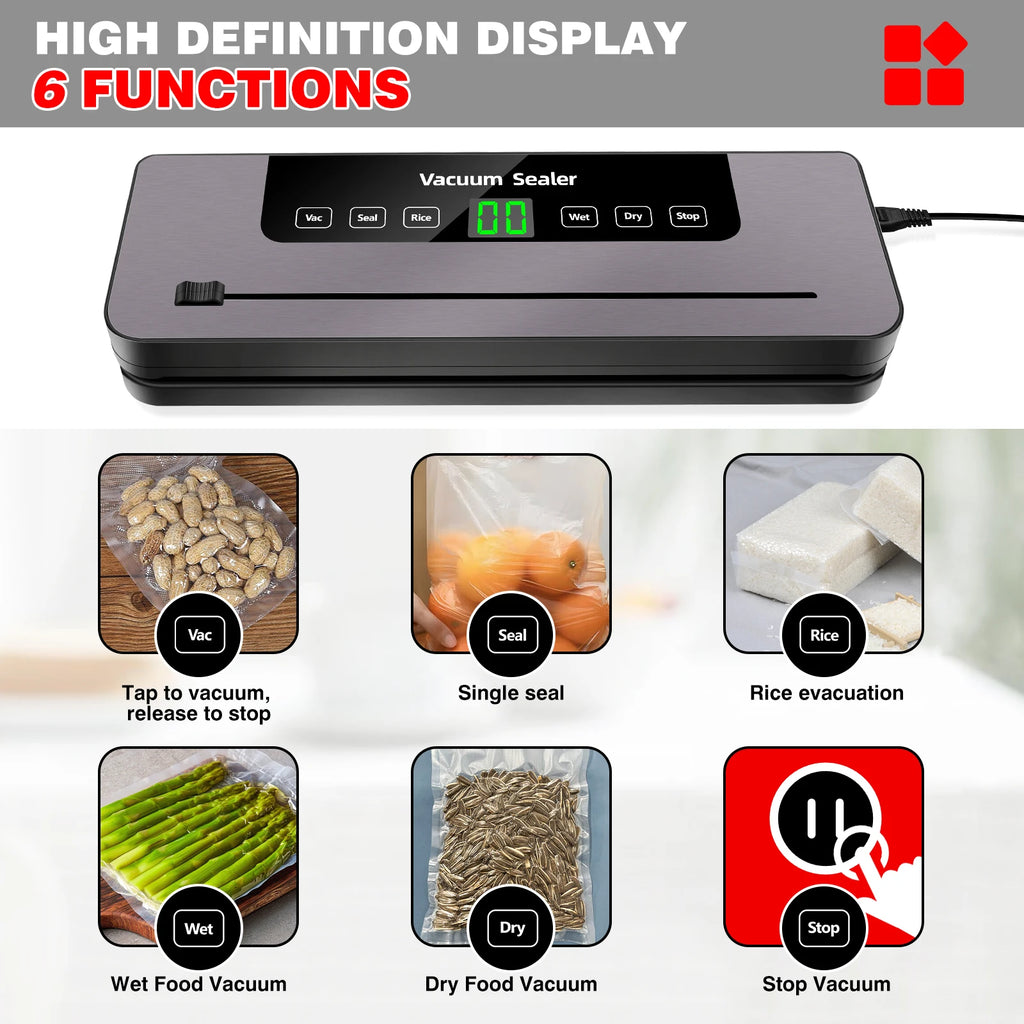 Vacuum Sealer Machine with 10 Sealer Bags and Built-in Cutter, 5 Modes One-touch Sealing for Sous Vide Cooking Dry & Moist Foods