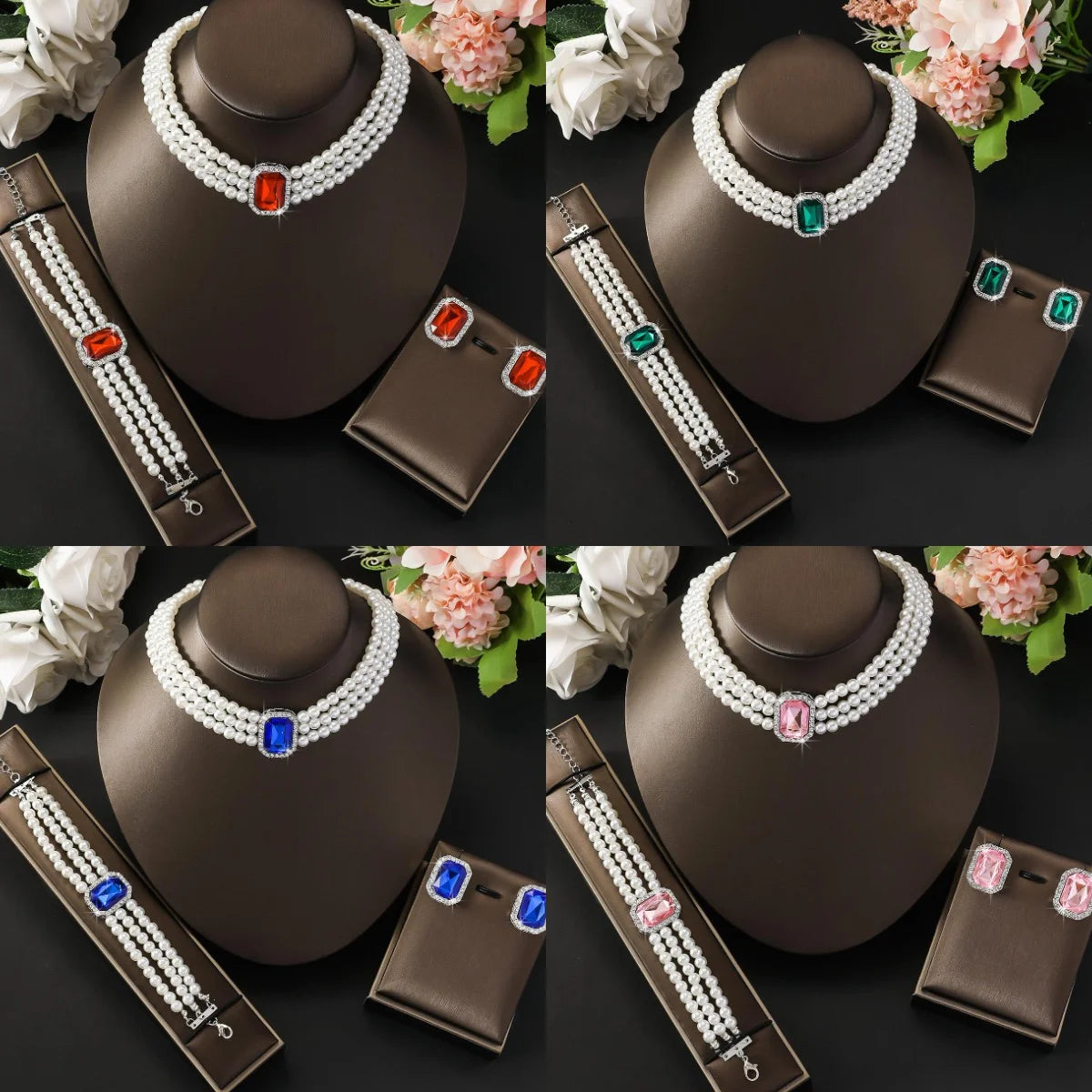 Light luxury candy colored pearl jewelry set with elegant double-layer design for wedding/Valentine's Day gift jewelry