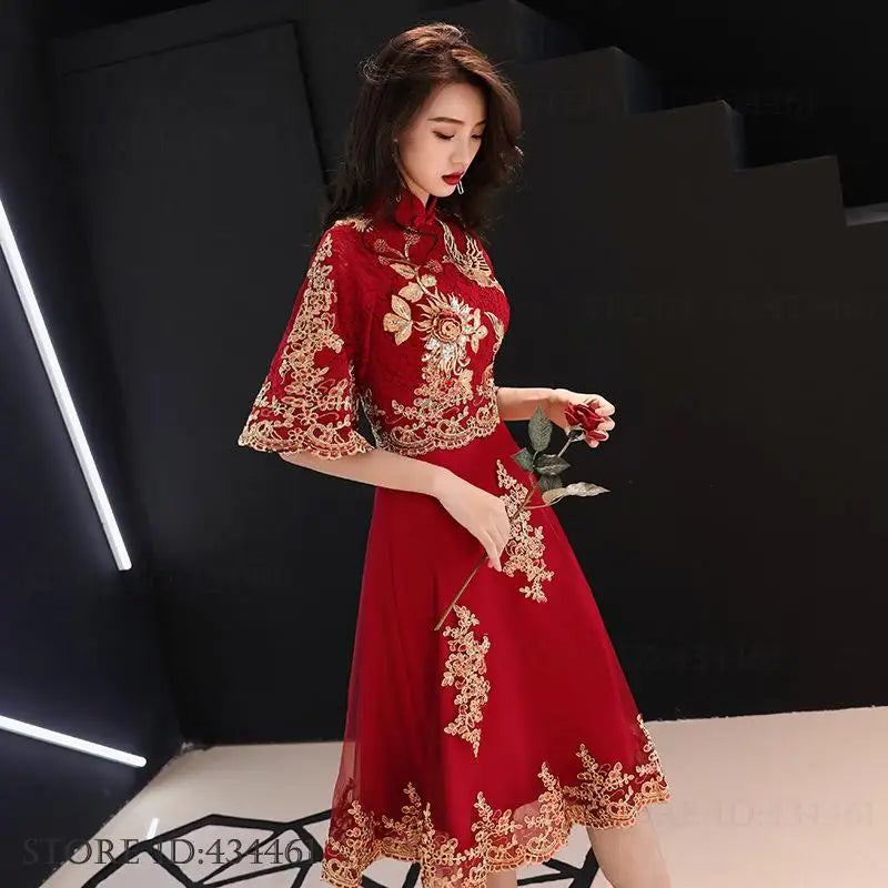 Chinese Style Bride Wedding Dress Elegant Embroidery Tulle Women Dress Evening Party Dress Classic Mandarin Collar Vestidos 3XL