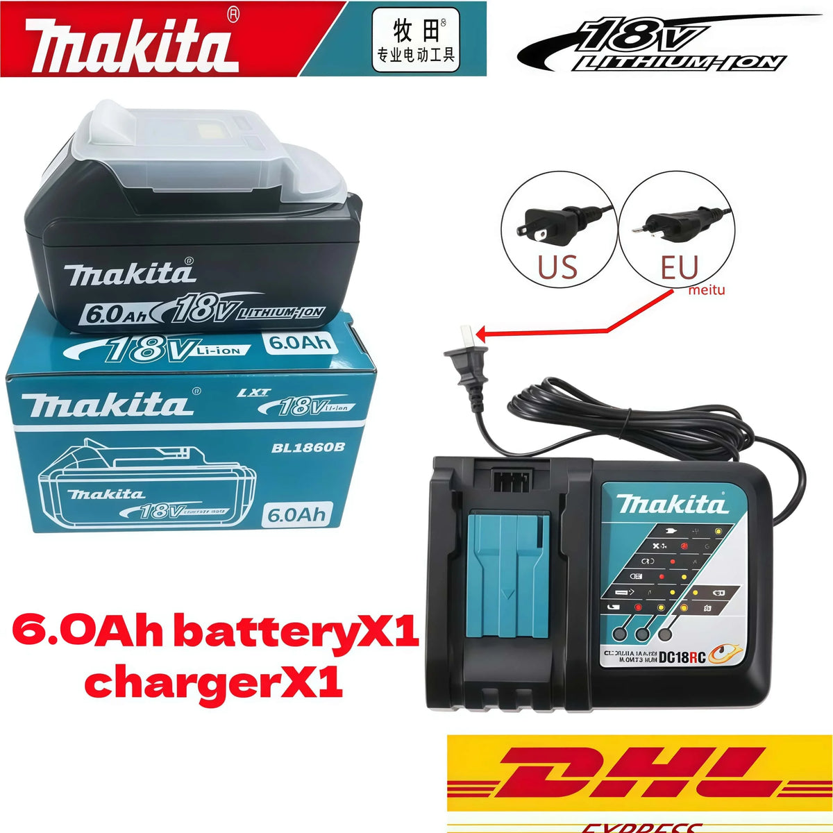 100% Genuine Original Makita 6.0Ah 18V Rechargeable Battery, BL1860B Makita 18V Battery BL1850 BL1840 BL1860 Replacement Lithium