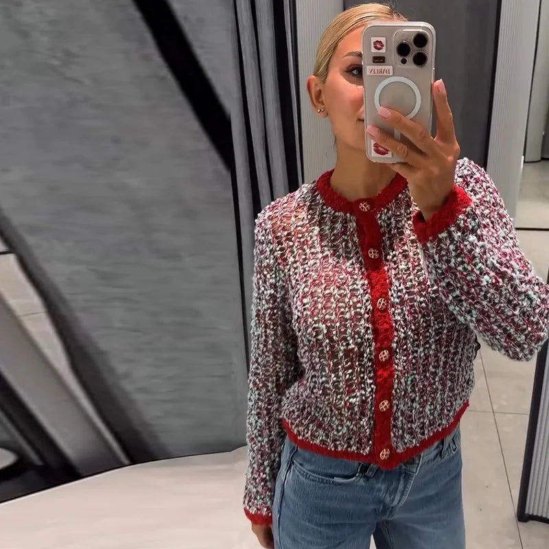 Fashion Marled Knitted Cardigan O-neck Single Breasted Long Sleeves Loose Sweater Women Casual Fashion Commute Autumn Sweaters