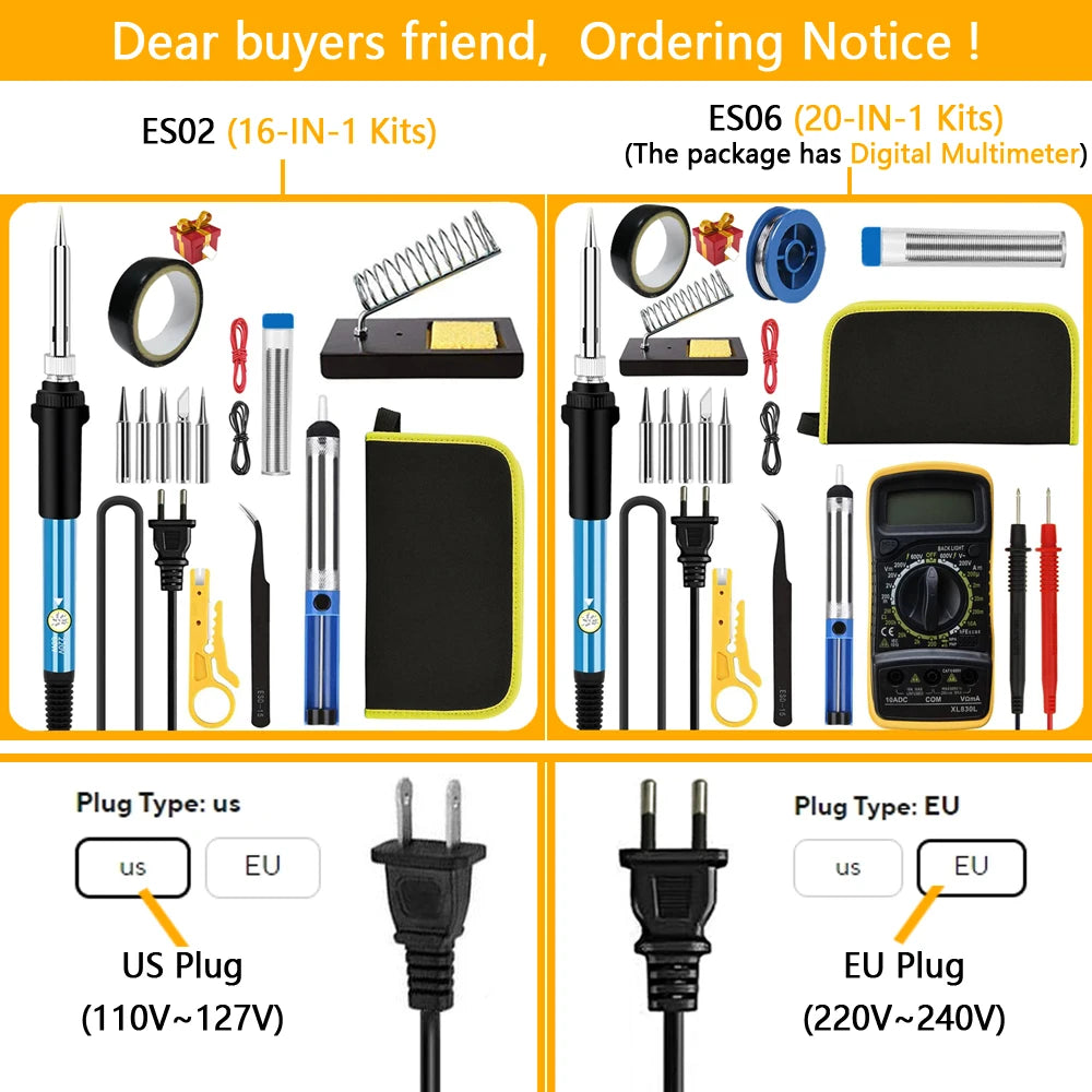 NEW Soldering Iron Kit Welding Tool (908-02:16-IN-1)(908-06:20-IN-1 With Digital Multimeter) 5 Extra Tips EU/US Plug 60W