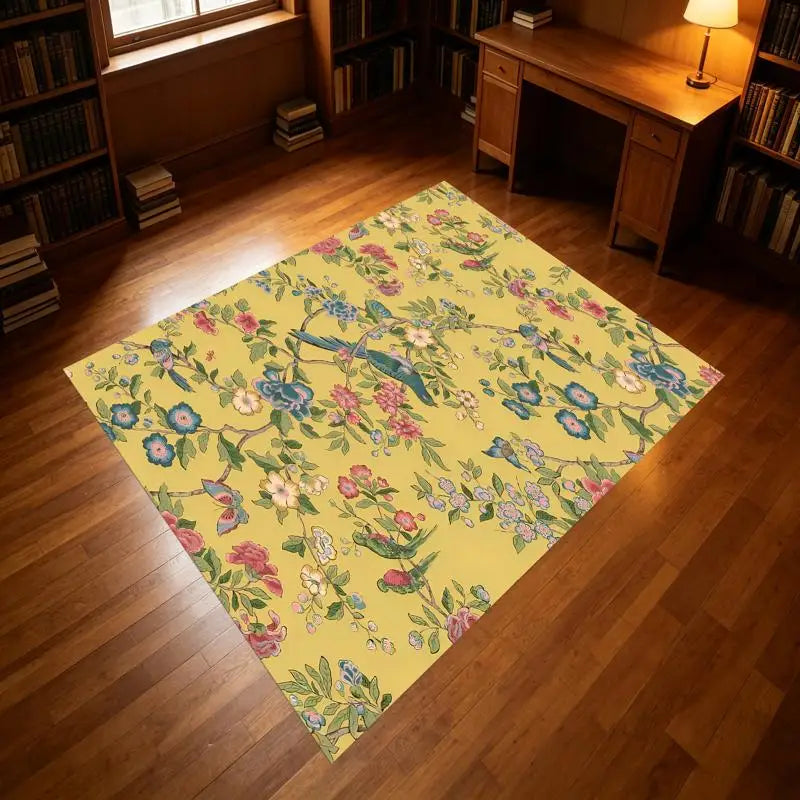 Yellow Floral Bird Area Rug – Six Sizes