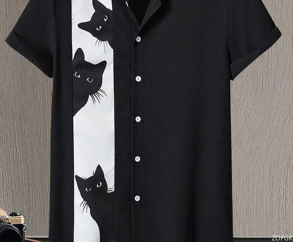 A Whimsical Cat Printed Men's Shirt with Short Sleeved Buttons and A Cat Pattern for Casual Entertainment