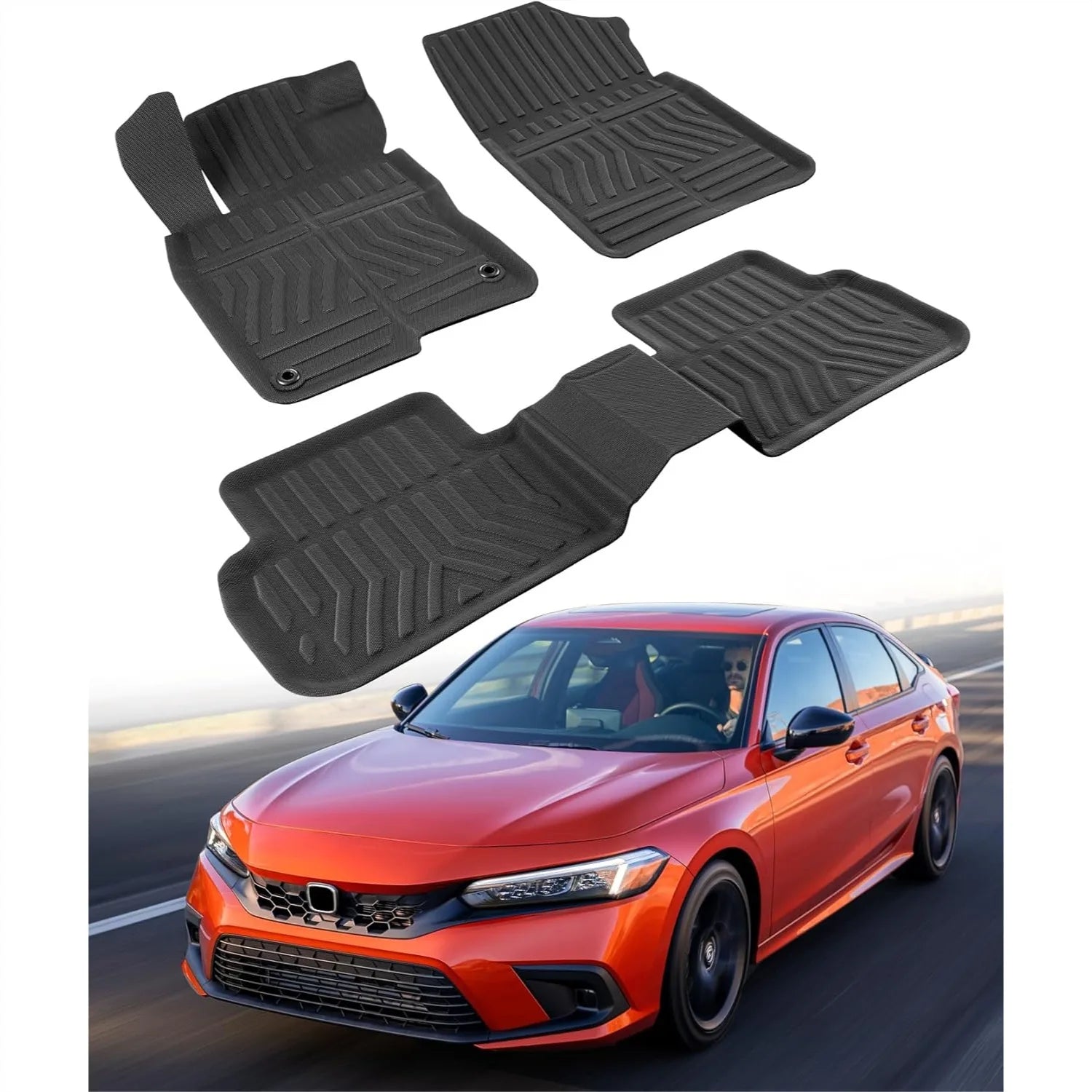 3 Pcs Floor Mats for Honda Civic 2022-2025 All-Weather Rubber Liners Heavy Duty Car Interior Protection