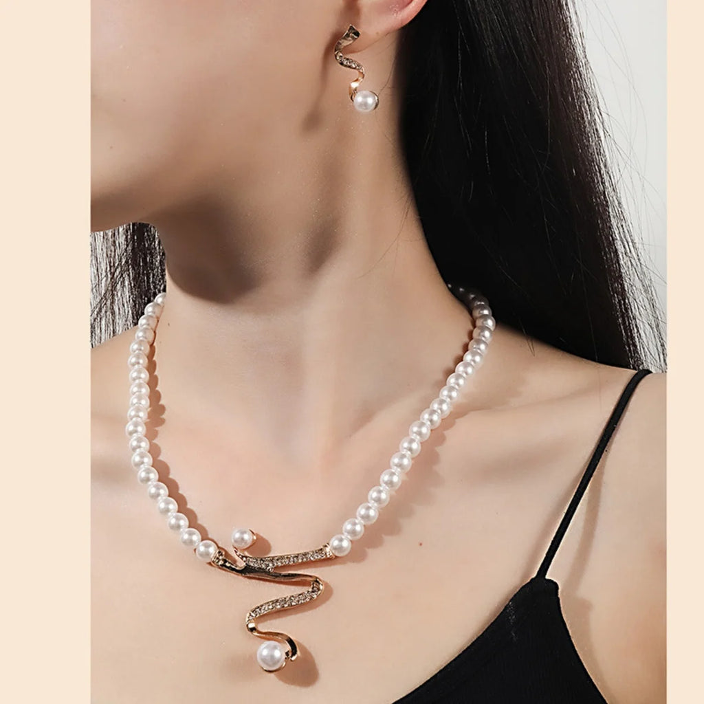 1Set New Women Bridal Wedding Party imitation Pearl Rhinestone Necklace Earrings Jewelry Set