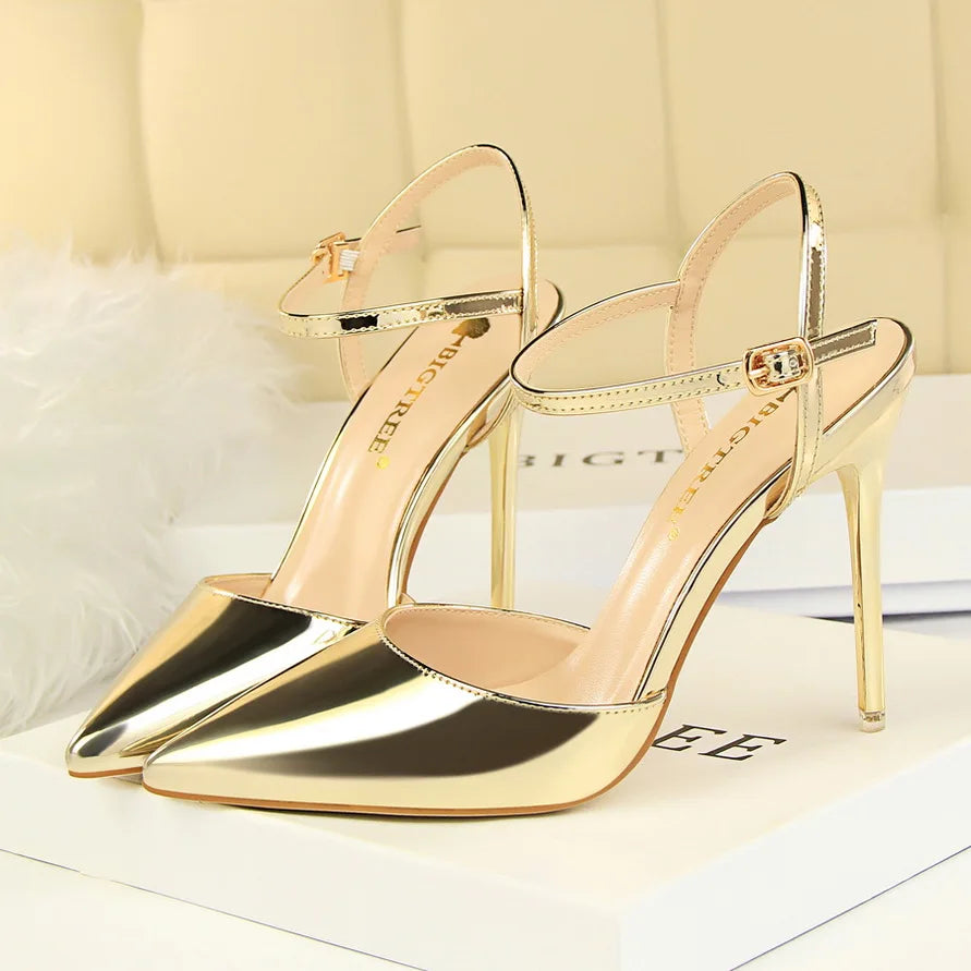 Women 10.5cm High Heels Sandals Lady Metallic Gray Patent Leather Stripper Ankle Strap Sandles Wedding Fetish Nightclub Shoes