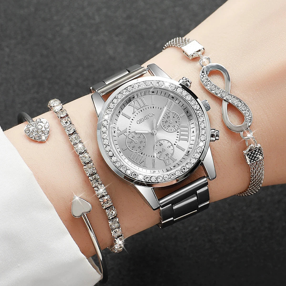 4PCS/Set Fashion Rhinestone Women Watches Luxury Steel Band Ladies Quartz Watch Bracelets Set Reloj Mujer（Without Box）