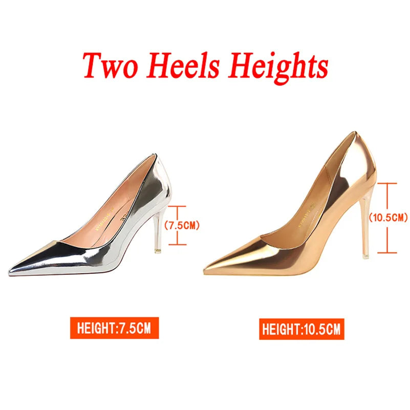 Women Mteallic Patent Bronze Leather Pumps 7.5cm 10.5cm High Heels Lady Stiletto Middle Low Heels Wedding Bridal Silver Shoes