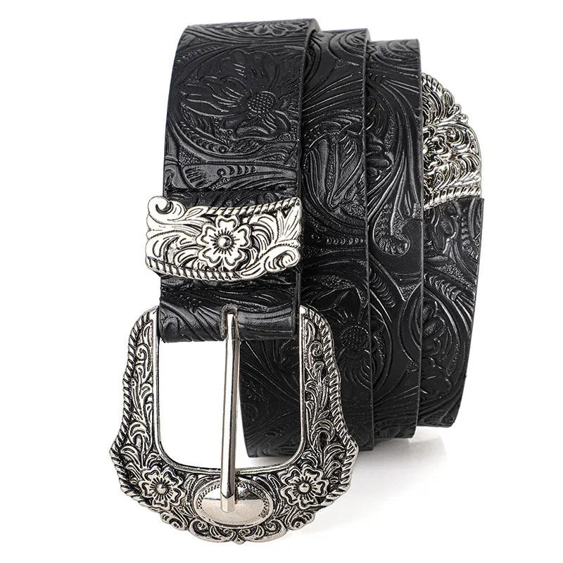New European and American style women's belt, vintage rhinestone carved buckle belt, trendy printed jeans belt, unisex