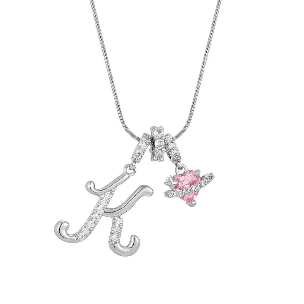 Fashion Letter Necklace Pink for Women  Zircon Heart Pendant Suitable for Personalized Stainless Steel Luxury Jewelry for Girls