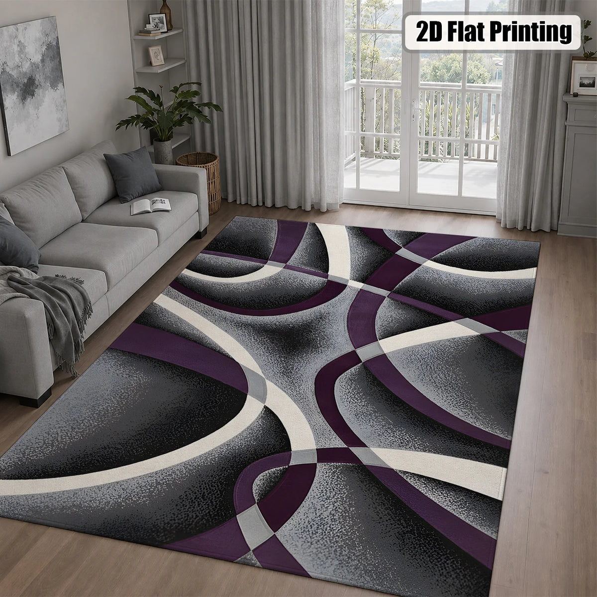 Large Indoor Area Rug, Soft Velvet Low Pile Non-Slip Dotted Backing Machine Washable, Modern Abstract Purple Gray White Swirl Design for Living Room Bedroom