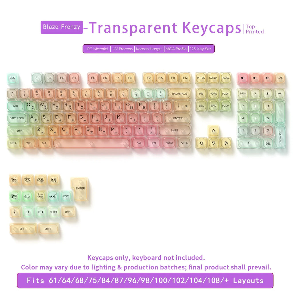 132 Keys Transparent Keycaps with Multi-Language English/ Korea /Russian for Mechanical Keyboard AK820 Pro Clear/ Misty Surface