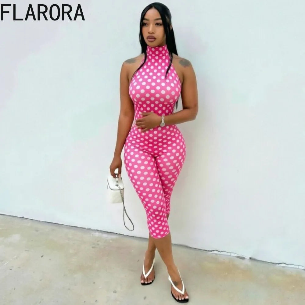 FLARORA Sexy Polka Dot Print Jumpsuit Woman Trend Halter Bandage Backless Sleeveless Peach Hip Skinny Elasticity Street Overalls