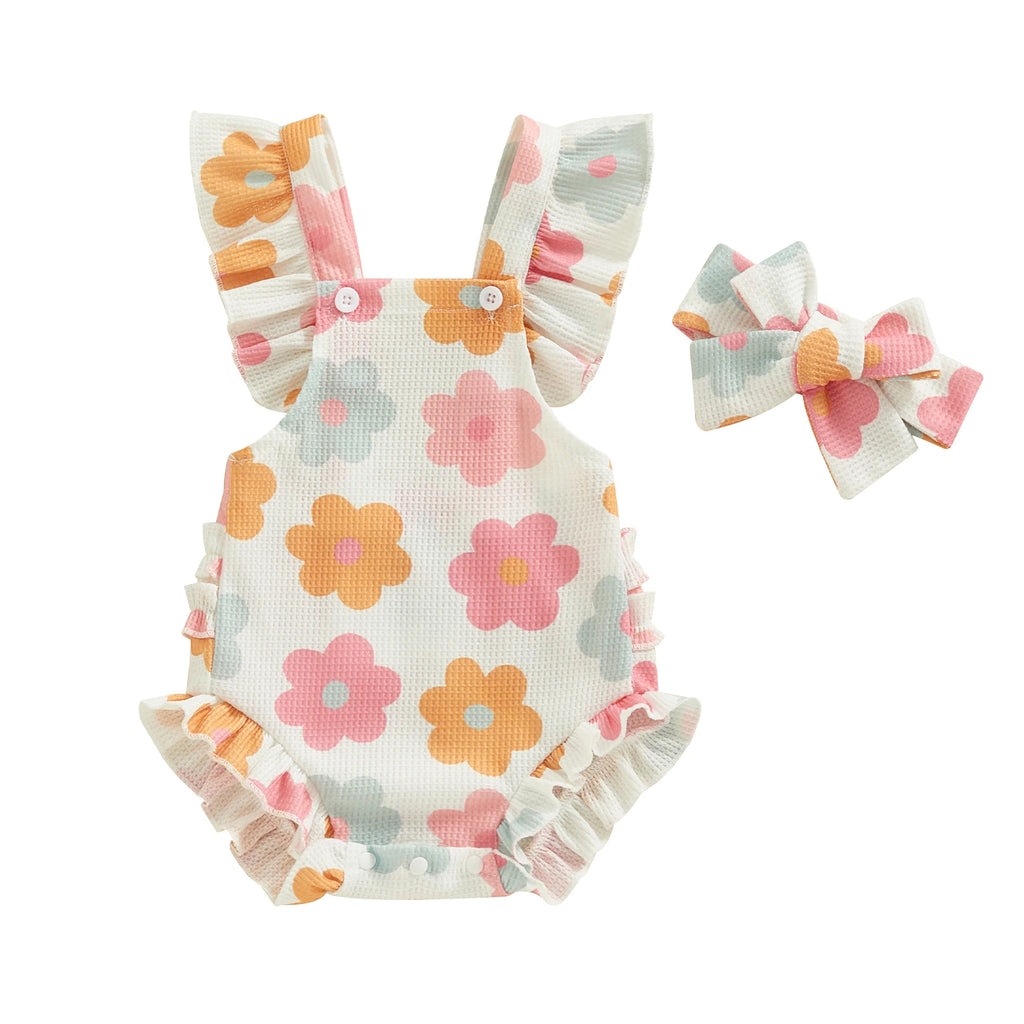 Citgeett Summer Infant Baby Girls Bodysuit and Headband Flower Print Fly Sleeve Jumpsuit Casual Clothes
