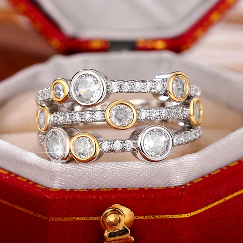 Huitan Vintage Two Tone Lady's Rings Anniversary Party Daily Wearable Luxury Cubic Zirconia Rings 2022 New Trend Women Jewelry