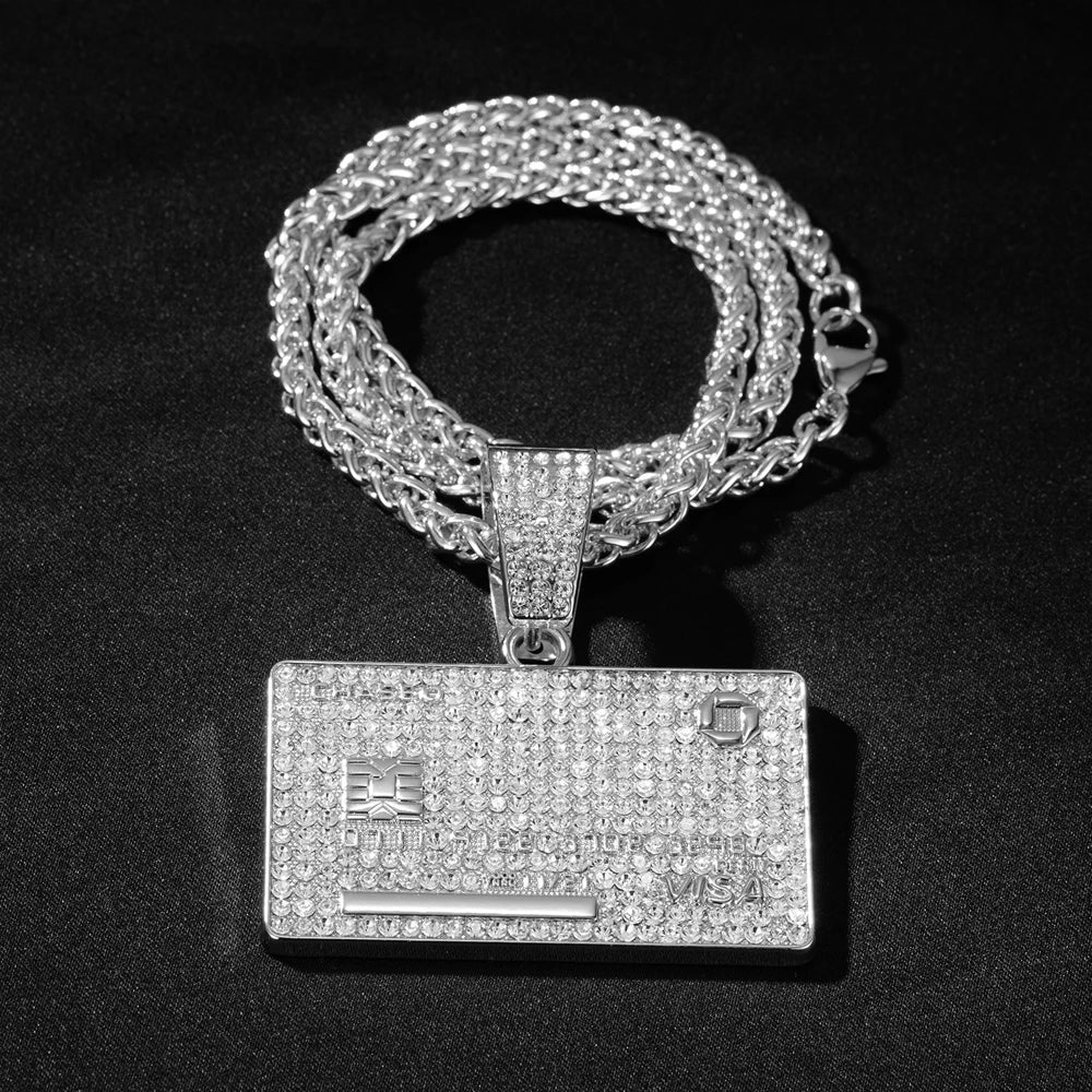 Men's Hip Hop VISA Golden Silvery Card Pendant Necklaces With 5mm 24 Inch Long Chain Credit Card Pendants for Daily Wear Unisex