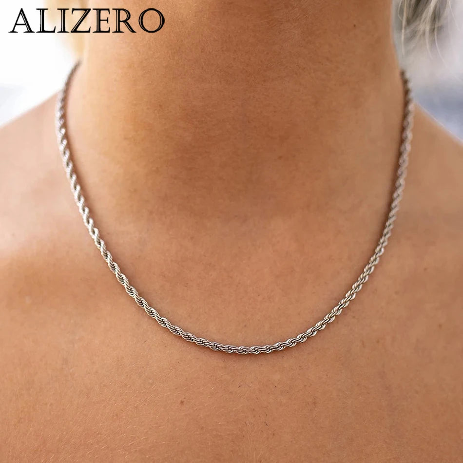 ALIZERO 925 Sterling Silver 4MM Rope Chain Necklaces For Women Men Fashion Hip Hop Party Punk Necklace Jewelry Wholesale