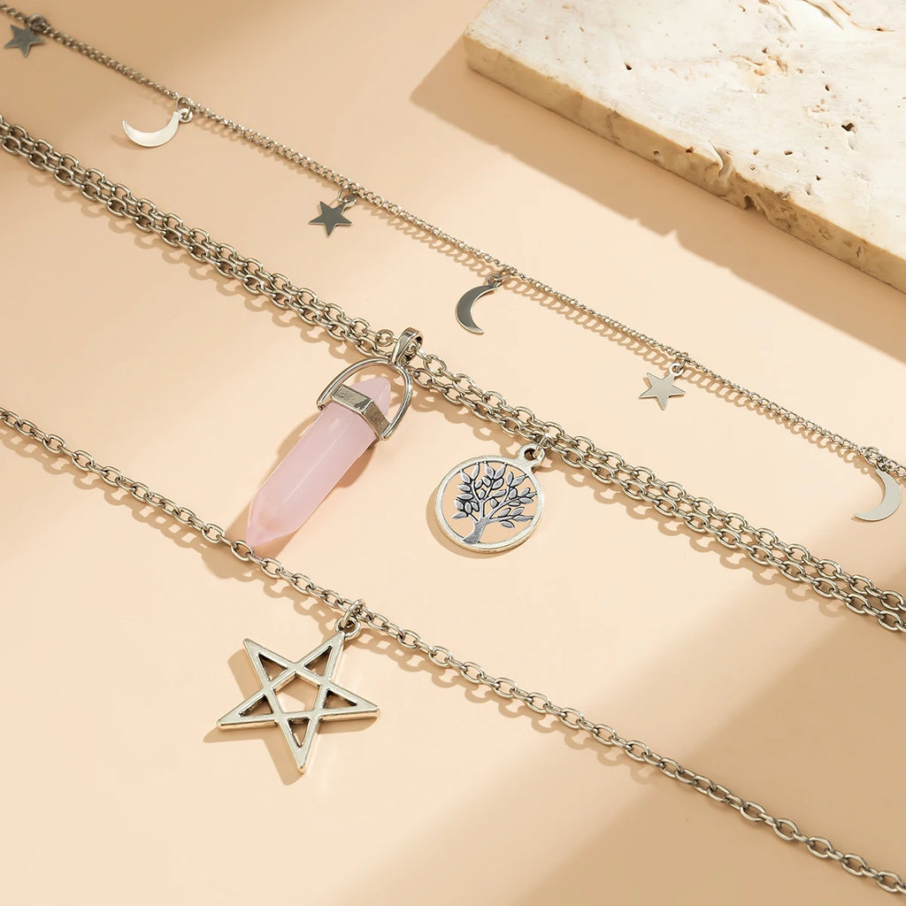 4Pcs Ethnic Pink Crystal Star Pentagram Pendant Choker Necklace for Women Elegant Moon Tassel Chain Party Jewelry Accessories